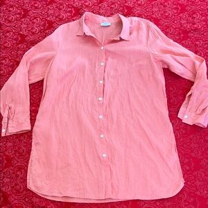J Jill Linen Shirt Women Petite Medium Coral Salmon Button Up Tunic Long Sleeves
